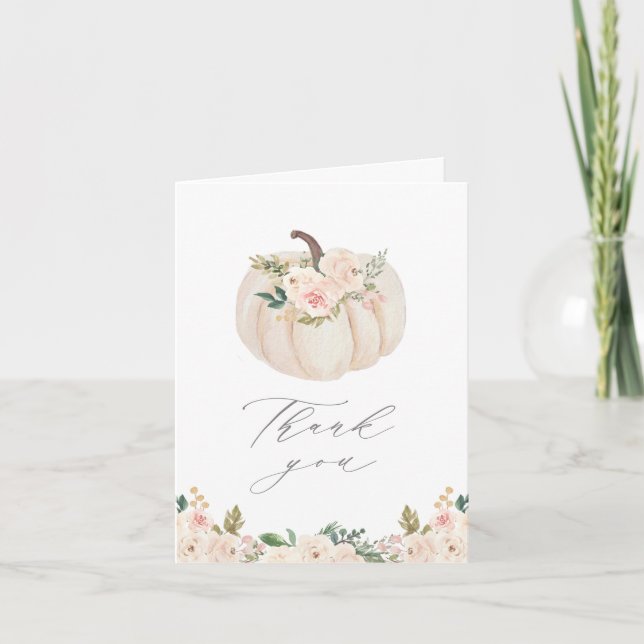 Rosa Blommigt Greenery Pumpkin Baby Shower Tack Kort (Framsida)