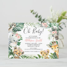 Rosa Blommigt Greenery Safari Animals Baby Shower