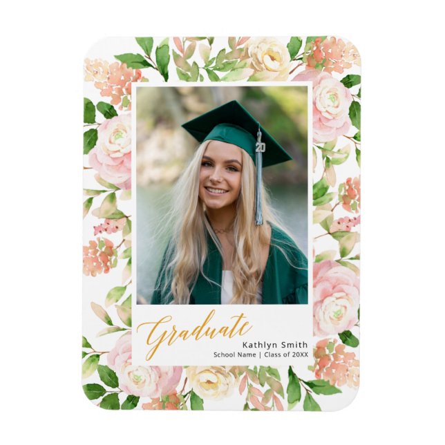 Rosa Blommigt Greenery Script Girl Studenten Photo Magnet (Vertikal)
