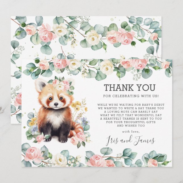 Rosa Blommigt Greenery Sweet Red Panda Baby Shower Tack Kort (Fram/baksida)