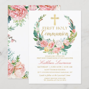 Rosa Blommigt Greenery WAN First Heliga Communion Inbjudningar