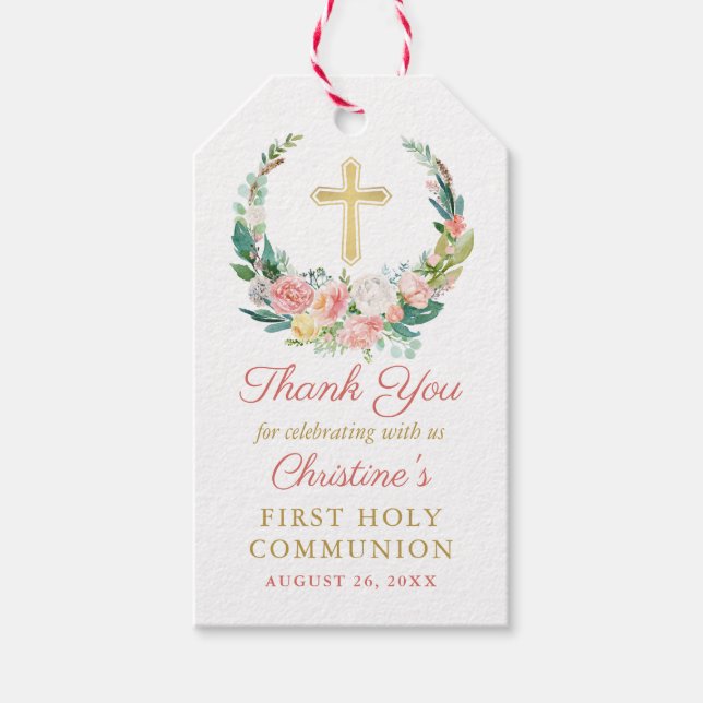 Rosa Blommigt Greenery WAN First Heliga Communion Presentetikett (Framsidan)