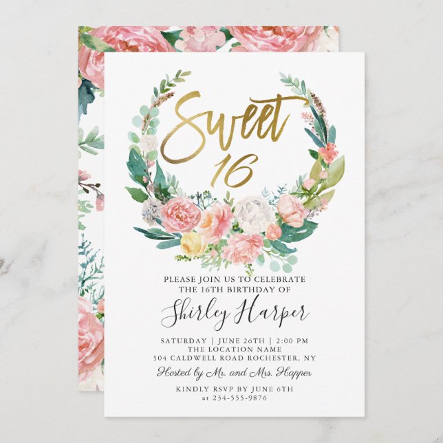 Rosa Blommigt Greenery Wandan Guld Skript Söt 16 Inbjudningar (Fram/baksida)