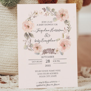 Rosa Blommigt Greenery Watercolor Baby Shower