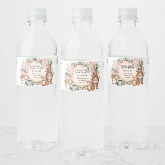 Rosa Blommigt Greenery Woodland Baby Shower Favors Vattenflaska Etikett (Flaskor)
