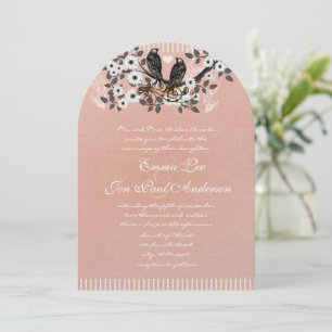 Rosa Blommigt Gren Vintage Love birds Bröllop #2 Inbjudningar