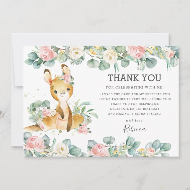 Rosa Blommigt Grey Cute Kangaroo Birthday Girl  Tack Kort (Framsida)