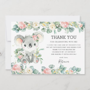 Rosa Blommigt Grey Cute Koala 1:a födelsedagsflick Tack Kort