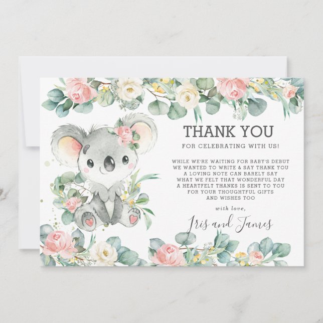 Rosa Blommigt Grey Cute Koala Baby Shower Girl Tack Kort (Framsida)