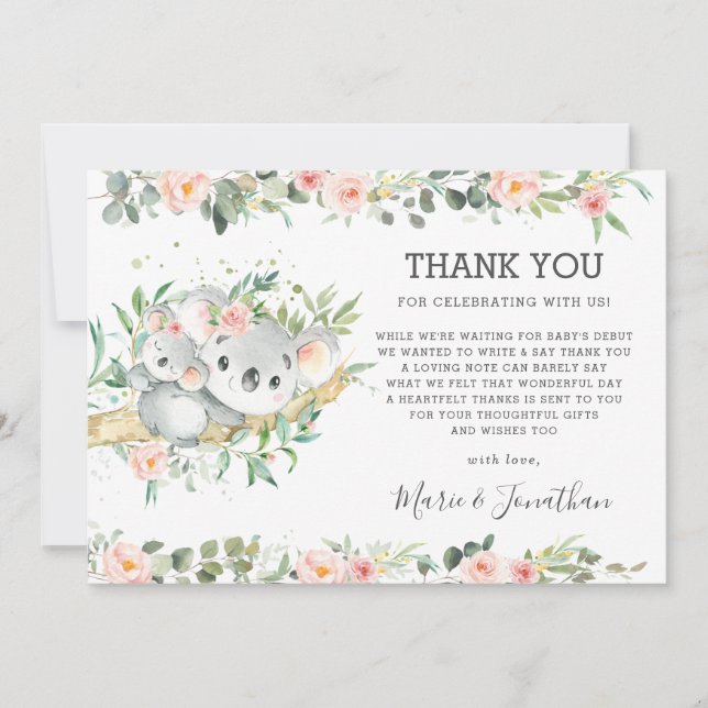 Rosa Blommigt Grey Cute Koala Baby Shower Girl Tack Kort (Framsida)