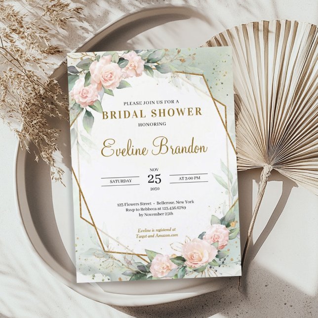  Rosa Blommigt Grey Guld Ram Möhippa Inbjudningar (Blush Pink Floral Greenery Gold Frame Bridal Invitation)