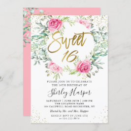 Rosa Blommigt Grey Guld Script Sweet 16 Birthday Inbjudningar