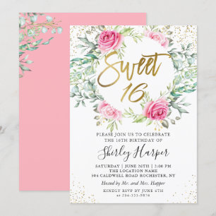Rosa Blommigt Grey Guld Script Sweet 16 Birthday Inbjudningar