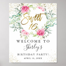 Rosa Blommigt Grey Guld Script Sweet 16 Birthday Poster