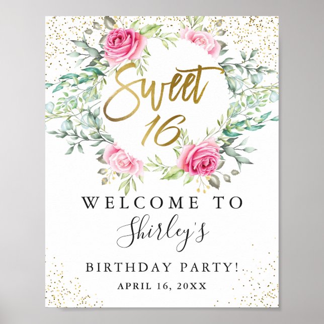 Rosa Blommigt Grey Guld Script Sweet 16 Birthday Poster (Framsidan)
