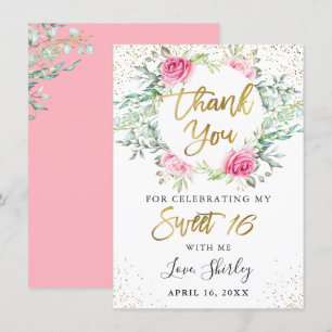 Rosa Blommigt Grey Guld Script Sweet 16 Birthday Tack Kort