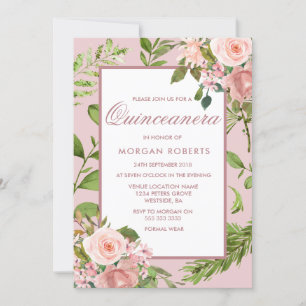 Rosa Blommigt Grey Löv Quinceanera-inbjudan Inbjudningar