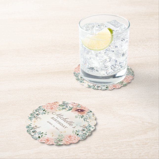 Rosa Blommigt Grönt Foliage Guld Glitter födelseda Underlägg Papper (Insitu)