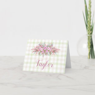 Rosa Blommigt Grönt Gingham Tack Kort