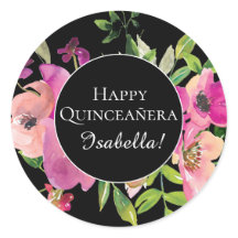 Rosa Blommigt Grönt Löv Black Lycklig Quinceañera