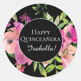 Rosa Blommigt Grönt Löv Black Lycklig Quinceañera Runt Klistermärke
