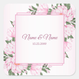 Rosa Blommigt Grönt Löv Elegant bröllop Party Fyrkantigt Klistermärke