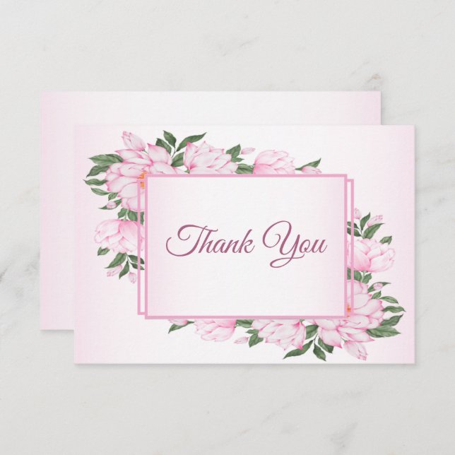 Rosa Blommigt Grönt Löv Elegant bröllop Party Tack Kort (Fram/baksida)