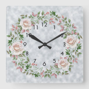 Rosa Blommigt Grönt Löv på Light Blue Wall Clock Fyrkantig Klocka