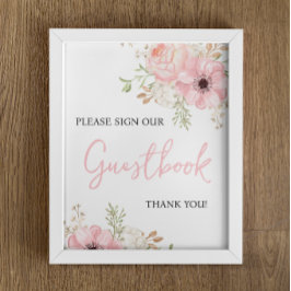 Rosa Blommigt Guestbook Baby Shower-skylt Poster