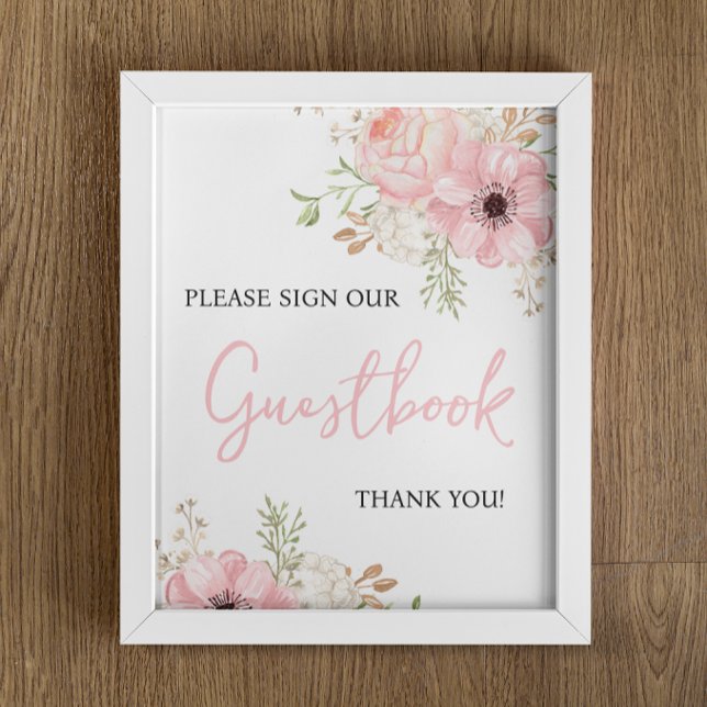 Rosa Blommigt Guestbook Baby Shower-skylt Poster (Skapare uppladdad)