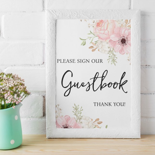 Rosa Blommigt Guestbook Baby Shower-skylt Poster (Skapare uppladdad)