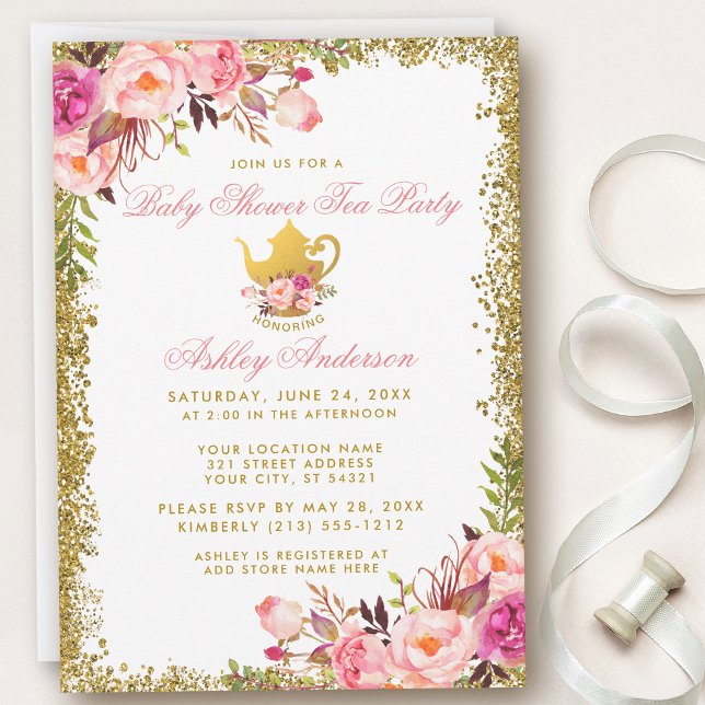 Rosa Blommigt Guld Baby Shower Tea Party Inbjudan  (Customize to change text color.)