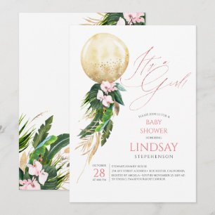 Rosa Blommigt Guld Ballon Cute Tropical Baby Showe Inbjudningar