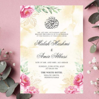 Rosa Blommigt Guld Beige Design Islamic Bröllop Inbjudningar