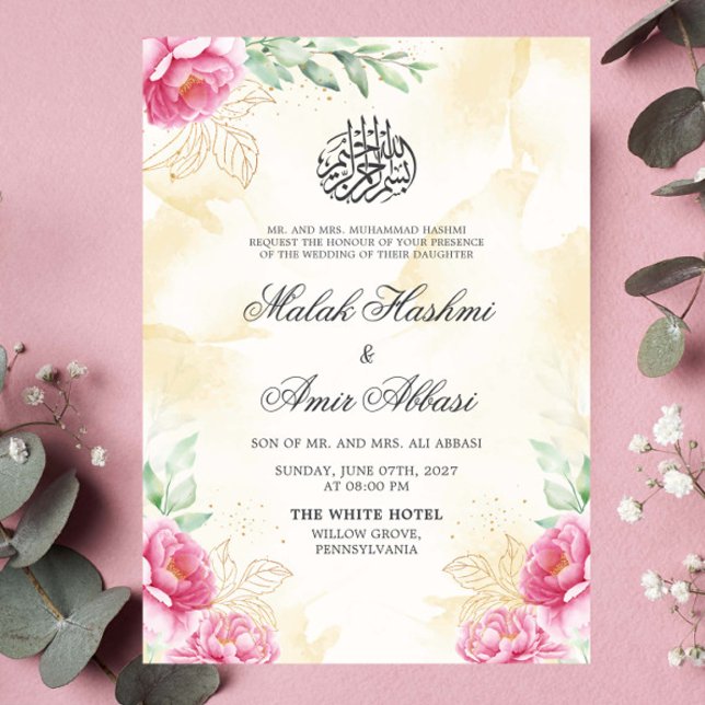 Rosa Blommigt Guld Beige Design Islamic Bröllop Inbjudningar (Skapare uppladdad)