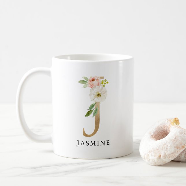  Rosa Blommigt & Guld Brev J Monogram Kaffemugg (Med munk)
