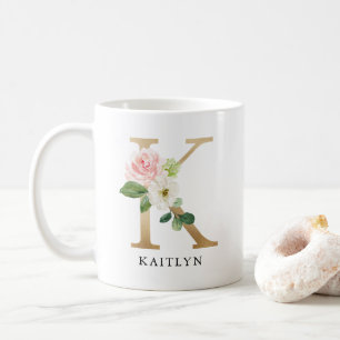Rosa Blommigt & Guld Brev K Monogram Kaffemugg