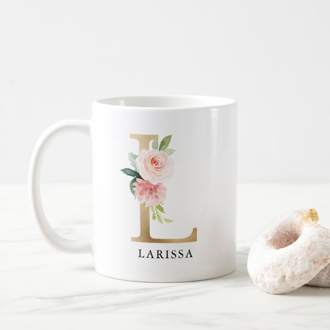  Rosa Blommigt & Guld Brev L Monogram Kaffemugg (Med munk)