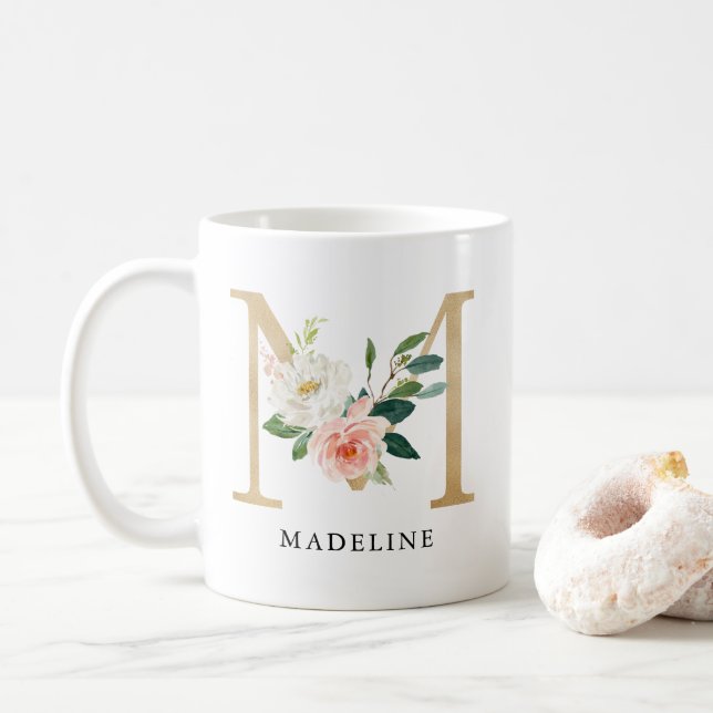  Rosa Blommigt & Guld Brev M Monogram Kaffemugg (Med munk)