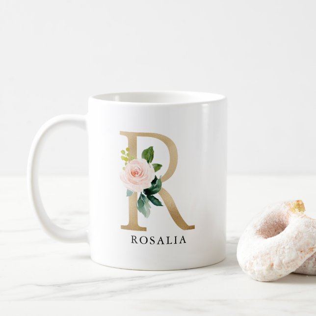 Rosa Blommigt & Guld Brev R Monogram Kaffemugg (Med munk)