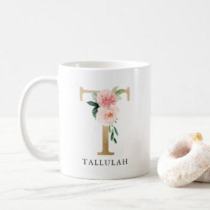  Rosa Blommigt & Guld Brev T Monogram Kaffemugg