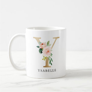  Rosa Blommigt & Guld Brev Y Monogram Kaffemugg