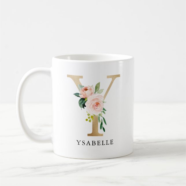  Rosa Blommigt & Guld Brev Y Monogram Kaffemugg (Vänster)