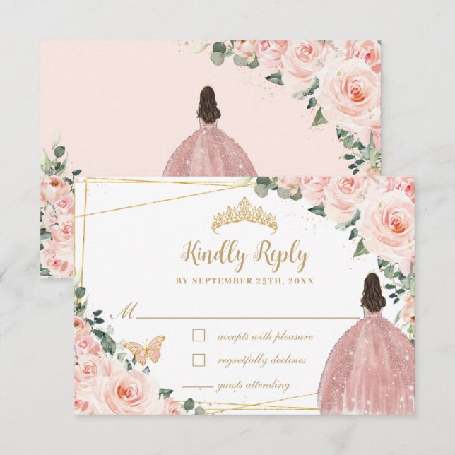  Rosa Blommigt Guld Butterfly Quinceañera Dress OSA Kort (Fram/baksida)