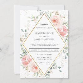  Rosa Blommigt Guld Diamond Geometric Bröllop Inbjudningar