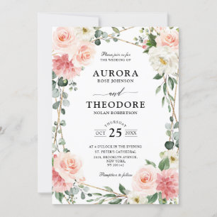 Rosa Blommigt Guld Geometric Botanical Bröllop Inbjudningar