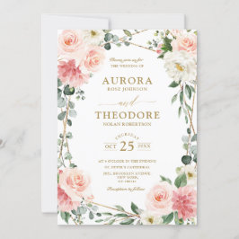  Rosa Blommigt Guld Geometric Botanical Bröllop Inbjudningar
