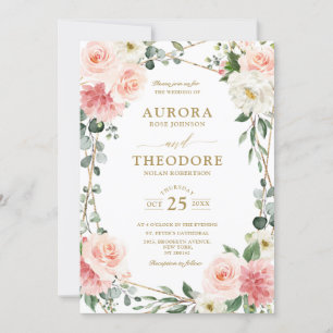 Rosa Blommigt Guld Geometric Botanical Bröllop Inbjudningar