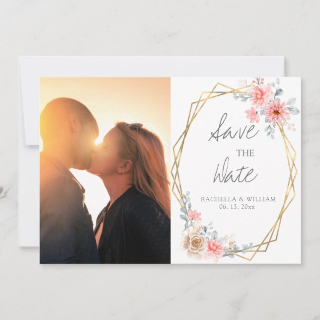  Rosa Blommigt Guld Geometric Botanical Bröllop Spara Datumet (Framsida)
