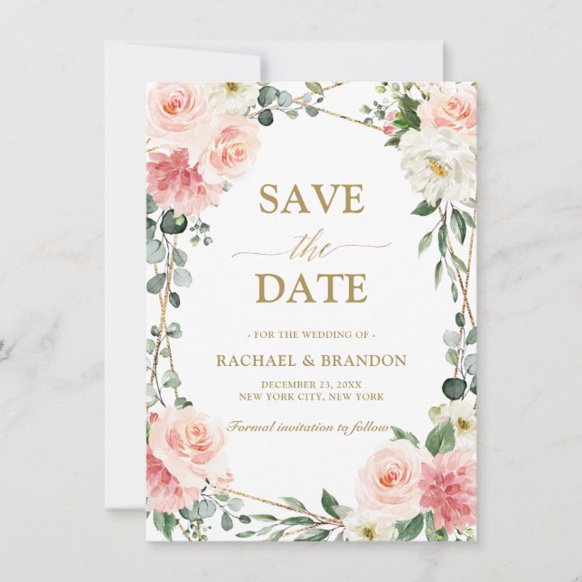  Rosa Blommigt Guld Geometric Save the Date (Framsida)